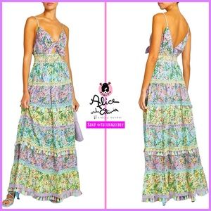 🏷 🆕 Alice + Olivia Karolina Smocked Waist Floral Tie Front Maxi Dress